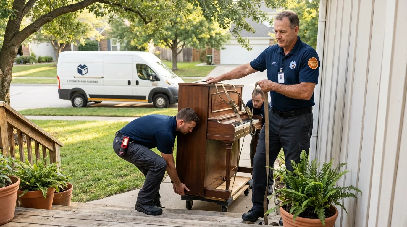 Licensed piano movers securing grand piano in Charlevoix, MI