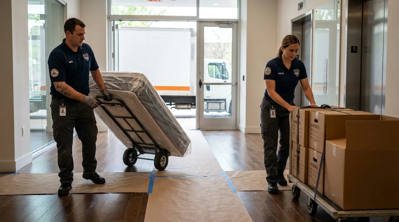 Professional apartment movers loading elevator in Charlevoix, MI